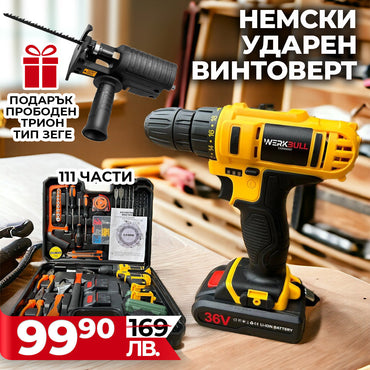 Mașină de găurit și înșurubat cu percuție WerkBull Germany® / Set 111 piese + 2 baterii 8Ah + CADOU ferăstrău pendular (adapter jigsaw)