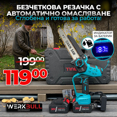 Drujbă fără perii WerkBull® 2025 – 25 cm, ungere automată + afișaj digital și 2 lanțuri călite