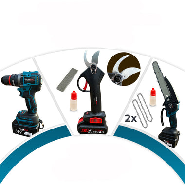 Set 3 în 1 WerkBull Germany® – Foarfecă electrică de grădină, Mini fierăstrău cu lanț 20 cm și Mașină de înșurubat cu percuție + 4 baterii 36V 8Ah și 2 încărcătoare