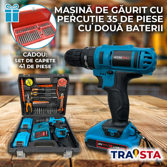 Blue and black cordless drill with accessories on a wooden table, featuring TRAISTA branding.