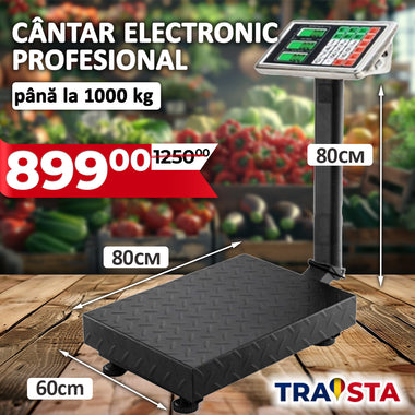 Cântar electronic profesional până la 1000 kg (1 tonă) – platformă industrială, afișaj digital, baterie integrată