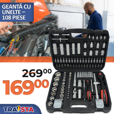 Tool set with promotional pricing in a garage setting, featuring TRAISTA brand.