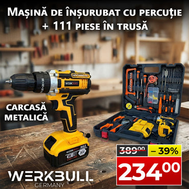 Mașină de înșurubat cu percuție WerkBull Germania® / 36V 8Ah / + 2 baterii + Set 111 piese