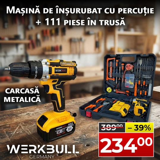 Mașină de înșurubat cu percuție WerkBull Germania® / 36V 8Ah / + 2 baterii + Set 111 piese