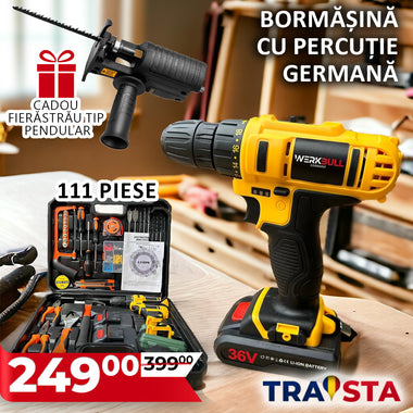Yellow cordless drill with tool set and promotional text on a wooden surface