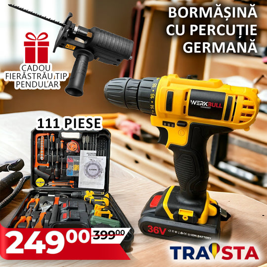 Yellow cordless drill with tool set and promotional text on a wooden surface