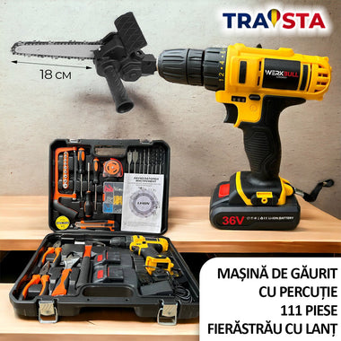 Werkzeug-Set mit Bohrmaschine und Werkzeugkoffer auf Holztisch, TRAISTA-Logo oben