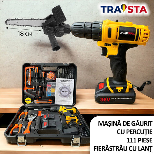 Werkzeug-Set mit Bohrmaschine und Werkzeugkoffer auf Holztisch, TRAISTA-Logo oben