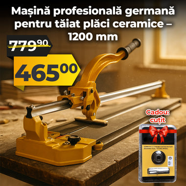 Professional ceramic tile cutting machine with a discount offer on a wooden surface.
