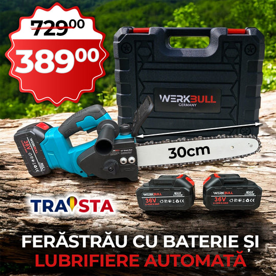 Fierăstrău cu lanț cu acumulator WerkBull 36V – lamă 30 cm cu ungere automată + CADOU lanț de rezervă
