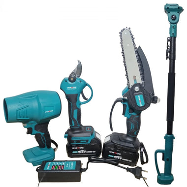 PACHET PROMO 4 în 1 – suflantă, foarfecă de vie, mini ferăstrău cu ungere 18 cm și tijă telescopică + 3 baterii 36V 8Ah