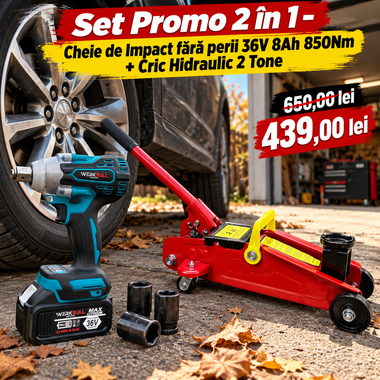 Set Promo 2 în 1 – Cheie de Impact fără Perii 36V 8Ah 850Nm + Cric Hidraulic Tip „Crocodil” 2 Tone