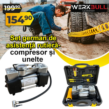 Werkbull tire repair set with compressor and tools on a white background