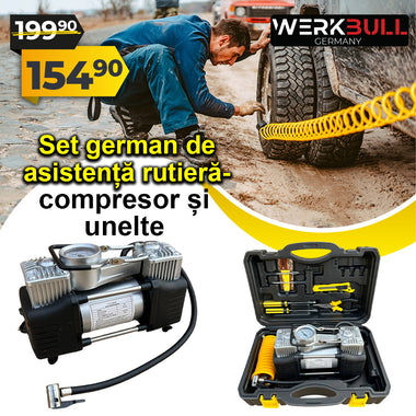 Werkbull tire repair set with compressor and tools on a white background