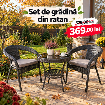 Set de grădină din ratan „Oasis” – 2 scaune + masă cu suport inferior