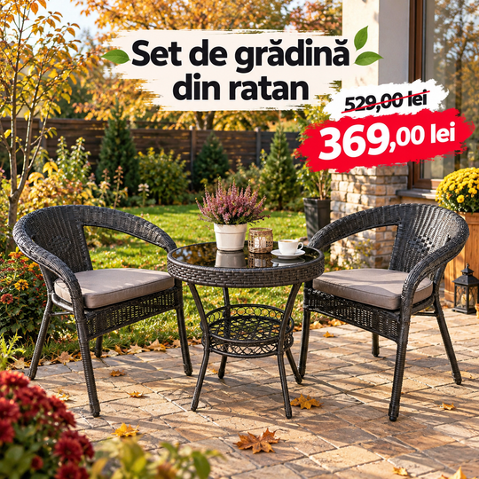 Set de grădină din ratan „Oasis” – 2 scaune + masă cu suport inferior
