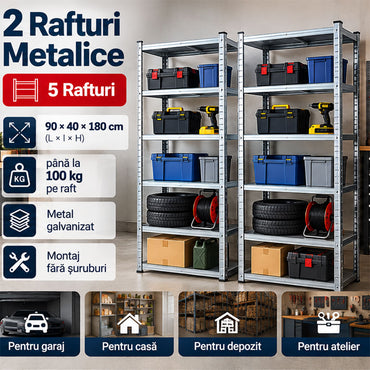 Raft metalic zincat 90×40×180 cm - 5 polițe - Set 2 bucăți