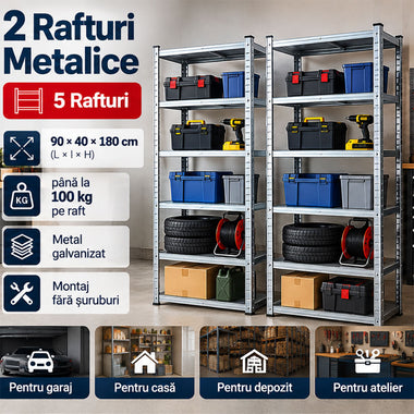 Raft metalic zincat 90×40×180 cm - 5 polițe - Set 2 bucăți