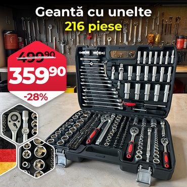 Tool set with various tools in a case, displayed on a workbench with a workshop background.