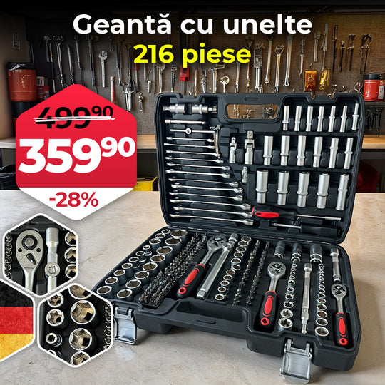 Tool set with various tools in a case, displayed on a workbench with a workshop background.