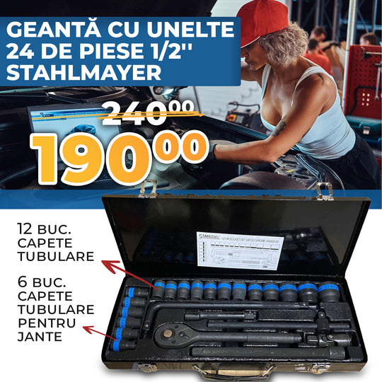 Stahlmayer tool set with pricing and product details on a promotional background