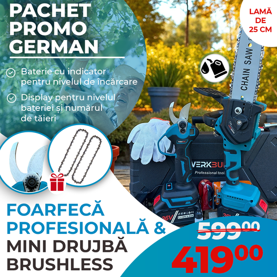PROMO 2 în 1 – Set WerkBull Germany Foarfecă electrică pentru vie cu afișaj + Fierăstrău fără perii cu afișaj digital