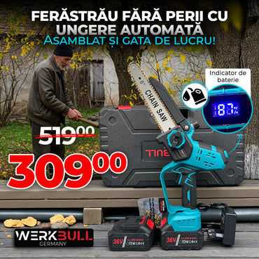 Drujbă fără perii WerkBull® 2025 – 25 cm, ungere automată + afișaj digital și 2 lanțuri călite