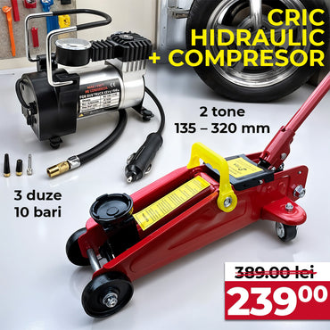Hydraulic jack and compressor with tire and tools on a white background