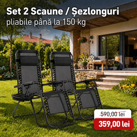 Set 2 Scaune / Șezlonguri pliabile până la 150 kg – Teslin, culoare neagră