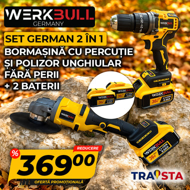 Werkbull power tool set with batteries on a stone surface, featuring German branding and promotional text.