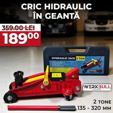 Hydraulic jack with carrying case on a white background, featuring Werkbull branding.