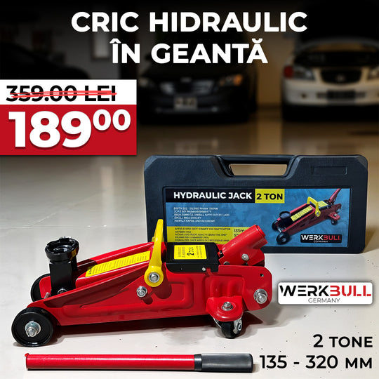 Hydraulic jack with carrying case on a white background, featuring Werkbull branding.