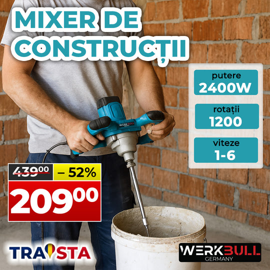 Mixer de construcții german WerkBull 2400W – malaxor profesional pentru beton, mortar și vopsea