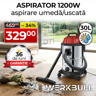 Aspirator profesional german WerkBull 1200W pentru curățare umedă/uscată și funcție de suflare – 30 litri