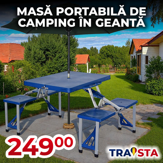 Masă pliabilă portabilă WerkBull cu 4 scaune integrate – tip valiză