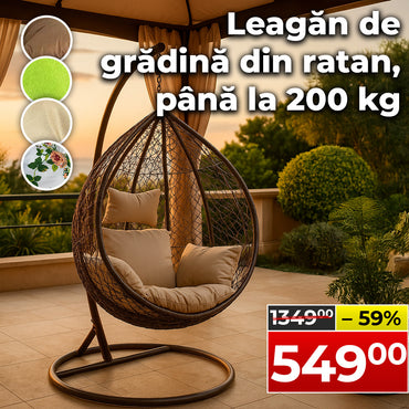 Scaun suspendat din ratan – Leagăn de grădină impermeabil Comfort, până la 200 kg