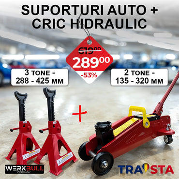 Two car support tools with a price tag in a blurred indoor setting, featuring Werkbull and Traista logos.