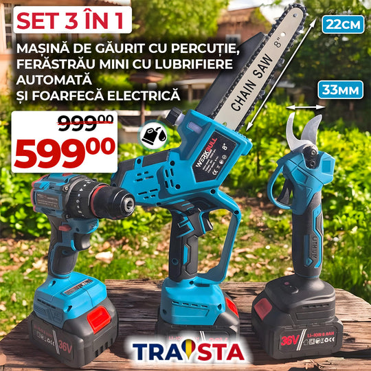 Set of gardening tools including a drill, chainsaw, and pruner with TRAISTA branding on a natural background.