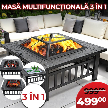 Masă multifuncțională 3-în-1 „Fire Pit” – Grătar BBQ, răcitor pentru gheață și focar decorativ pentru terasă sau grădină