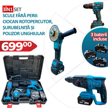 Set of power tools including a drill, impact driver, and polisher with batteries included, displayed in a case.