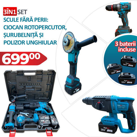 Set of power tools including a drill, impact driver, and polisher with batteries included, displayed in a case.