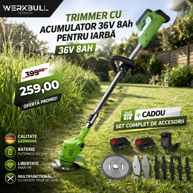 Trimmer electric pe acumulator WerkBull Germania® / 36V 8Ah / + 2 baterii + 7 cadouri