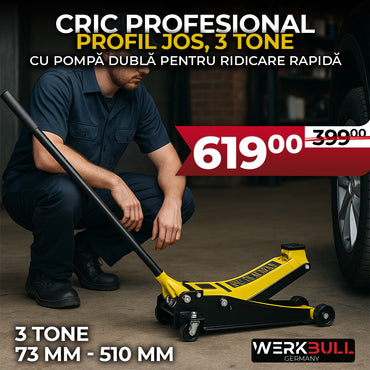 Person using a car jack with promotional text and pricing for a WerkBull product.
