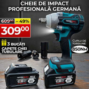 Werkbull impact wrench set with batteries and attachments on a dark background