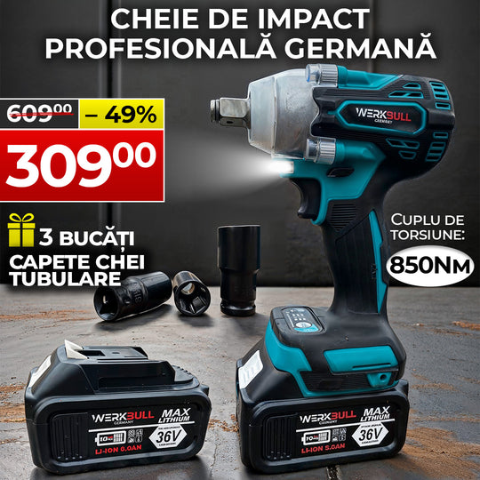 Werkbull impact wrench set with batteries and attachments on a dark background