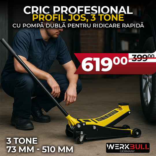 Person using a car jack with promotional text and pricing for a WerkBull product.