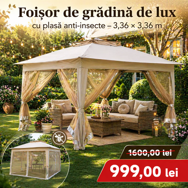 Foișor de grădină de lux cu plasă anti-insecte – 3,36 × 3,36 m