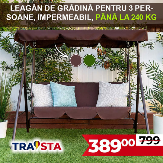 Leagăn de grădină cu acoperiș – 3 locuri, impermeabil, capacitate până la 240 kg