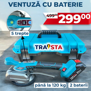 Blue power tool with Traista branding on a gray surface, featuring a price tag and additional text.