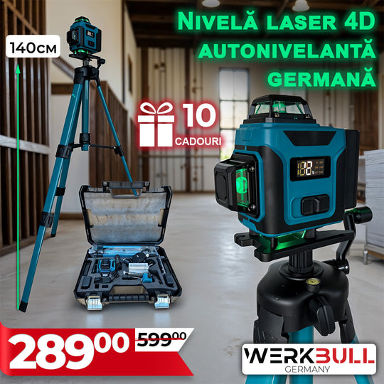 Laser level with tripod and carrying case on a wooden floor, with promotional text overlay.